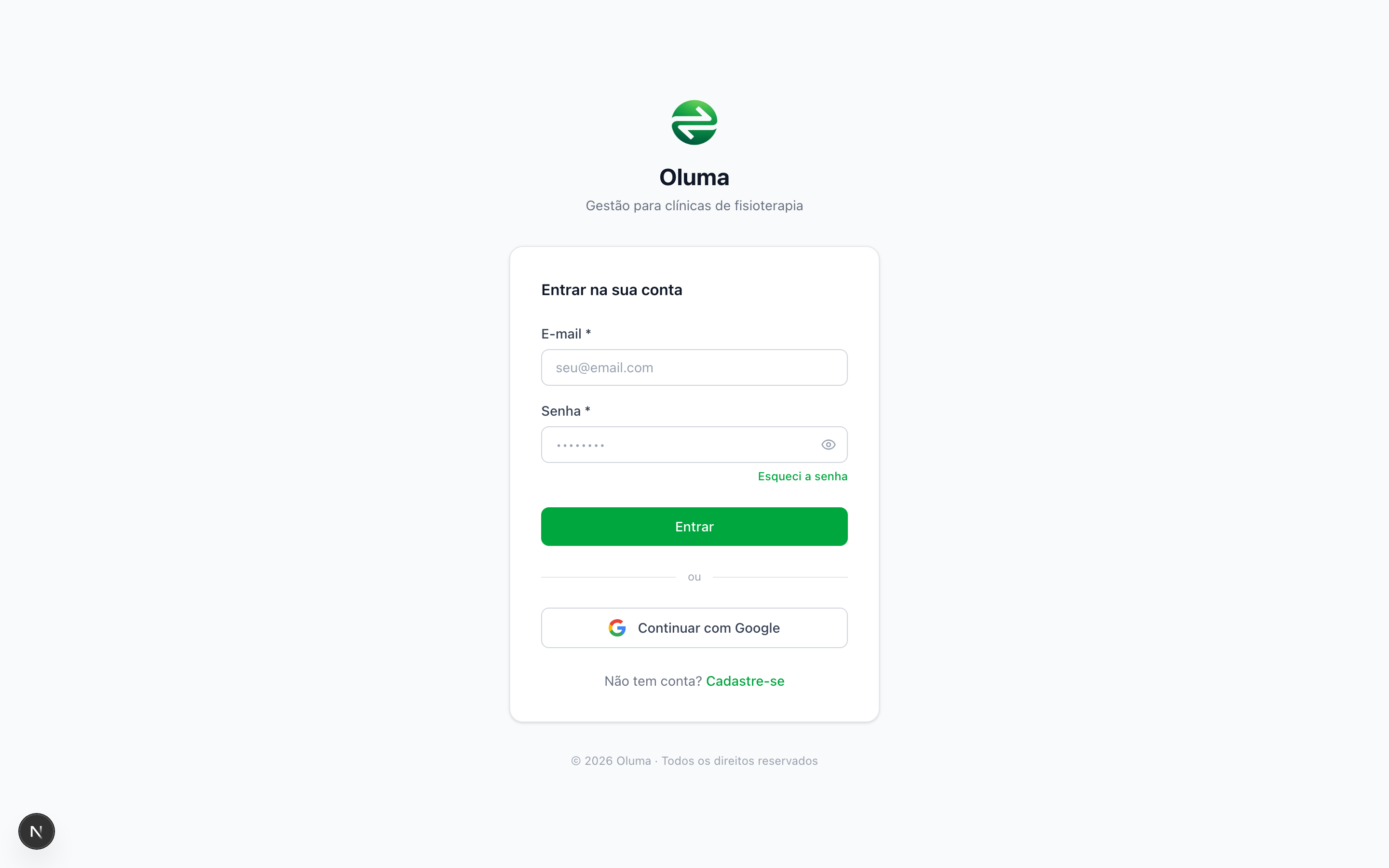 Tela de login com campos de e-mail e senha, link de Esqueci a senha e botão Entrar