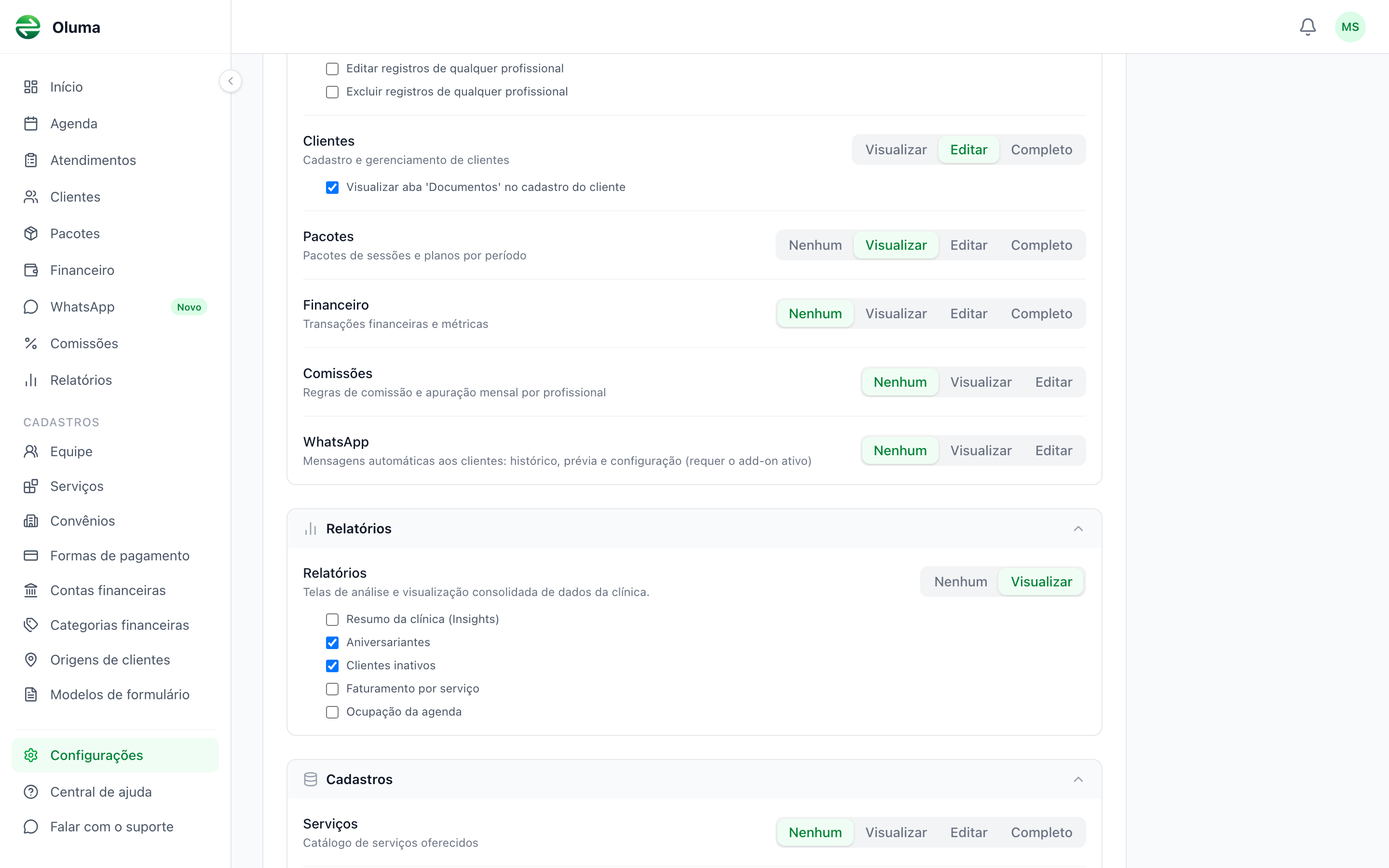 Tela de permissões mostrando o módulo WhatsApp com o seletor de nível oferecendo apenas Nenhum, Visualizar e Editar, logo abaixo de Comissões