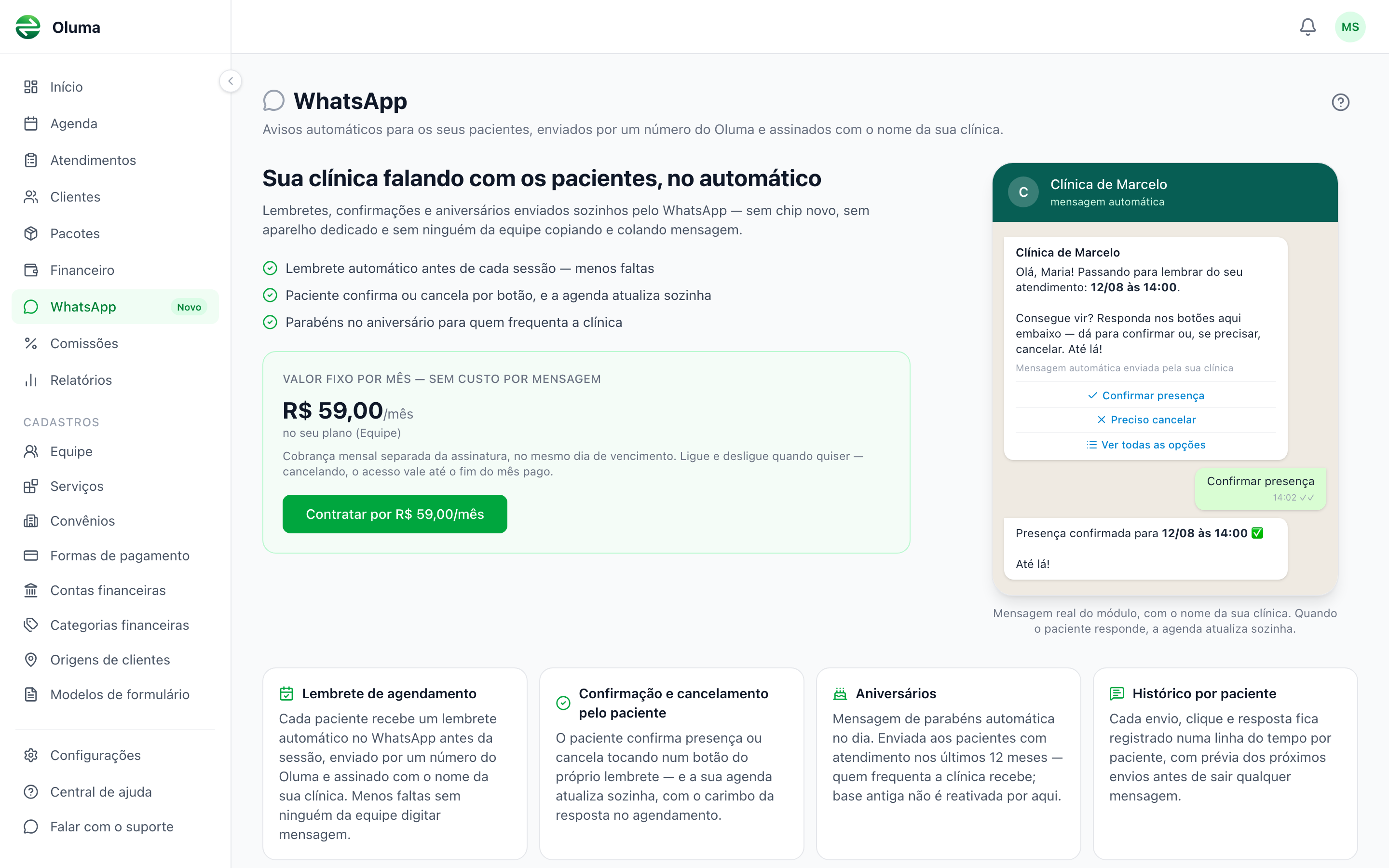 Página de apresentação do módulo WhatsApp com o título Sua clínica falando com os pacientes no automático, a lista de benefícios, o bloco de preço com o botão de contratar e o exemplo de conversa ao lado