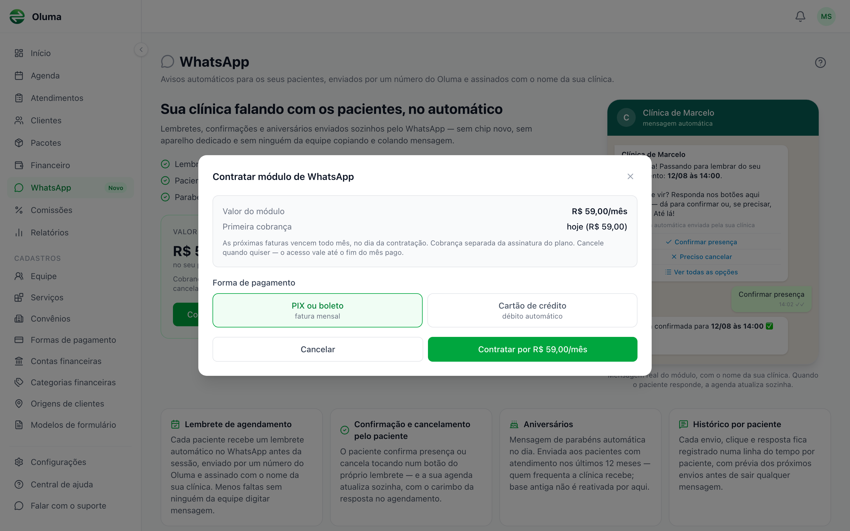 Janela Contratar módulo de WhatsApp com o resumo de valor do módulo e primeira cobrança, os dois botões de forma de pagamento PIX ou boleto e Cartão de crédito, e os botões Cancelar e Contratar